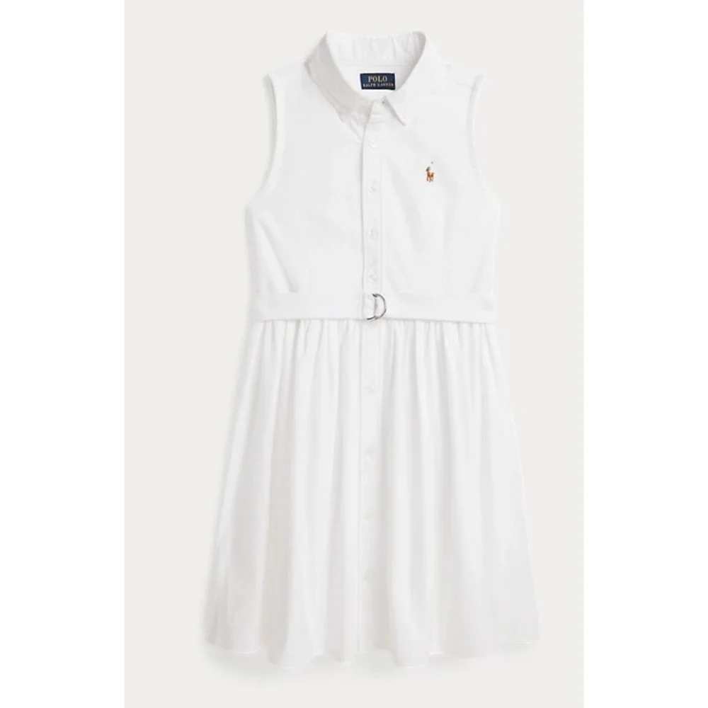 Ralph Lauren Girls Belted Cotton Oxford Shirtdress Sz 12 White Polo Dress NEW